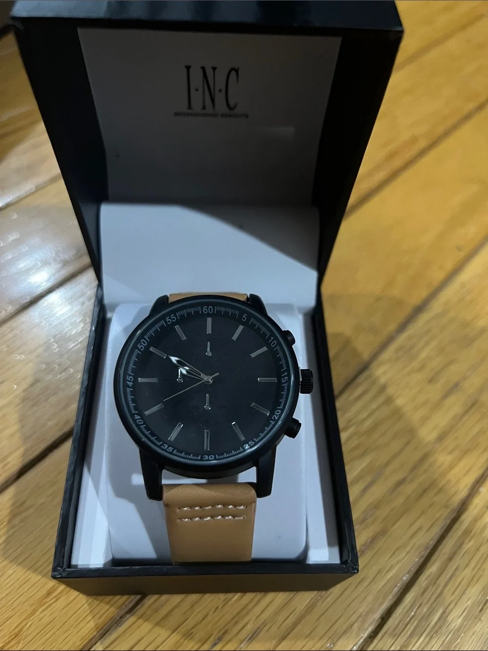 INC International Concepts Black Dial Watch with Tan Leather Strap